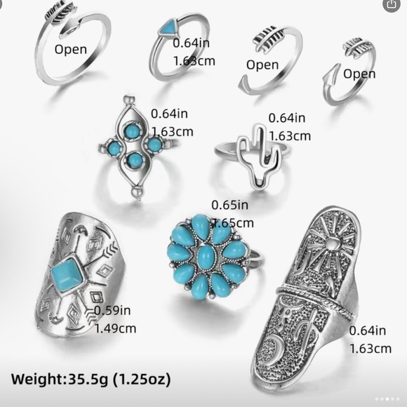 ✨NEW✨ Boho Turquoise Silver Tone Gypsy Ring Set (9pc) - Picture 4 of 7